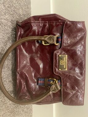 Tommy Hilfiger Burgundy Quilted Tote with Brown Handles